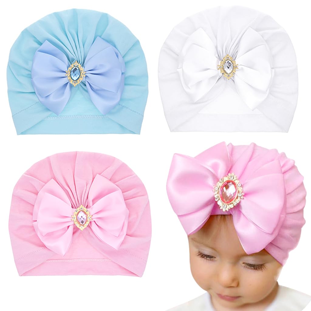 PALAY® 3pcs Turban Caps for Baby Girl Boy Cute Infant Bow Caps for Baby Girl Stretchy Crystal Satin Bow Hat for Baby Girls Shower Gift Baby Caps for Born 0-12 Months