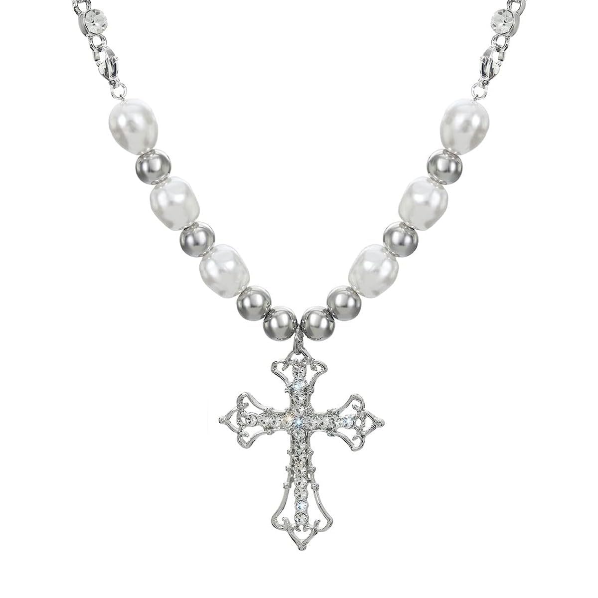 SANNIDHI Pearl Necklace for Women featuring 45cm Chain and Crystal Cross Pendant | Stainless Steel Beads Choker Gift