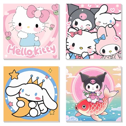 HASTHIP® Pack of 4 DIY Oil Painting Kit, Paint by Numbers with Frame, Kawaii Cartoon Oil Art Painting Wall Hanging DIY Canvas Painting with Painting Tool Kit Wall Decoration DIY Gift 7.8x7.8inch