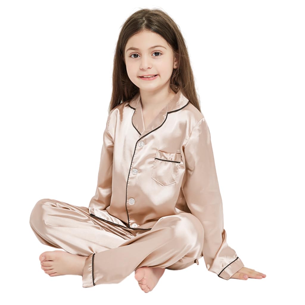 PALAY® Girls Satin Pyjamas Sets Girls Boys Long Sleeve Button-Down Pjs Set 2PCs Silky Nightwear Sleepwear for 3-13Years, Champagne - 140