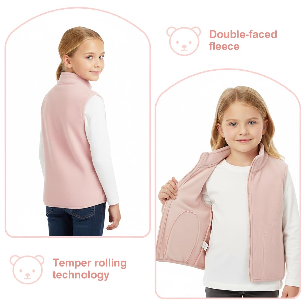 SANNIDHI Kids Sleeveless Jacket for Fall and Winter with Full Zip and Pockets | 130 cm Pink Fleece Vest