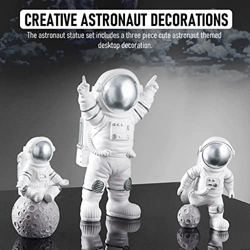 HASTHIP® 3PCS Astronauts Figures Statues Decor, Ornaments Resin Outer Space Themed Decor, Spaceman Planet Sculpture for Desktop & Tabletop Decor, Gift for Space Lovers, Silver