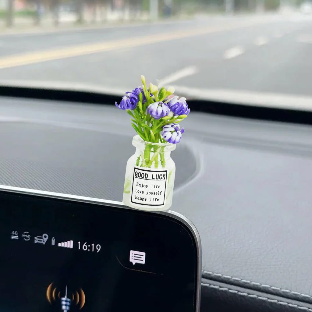 STHIRA Daisy Flower Car Accessories featuring 5 Miniature Glass Vase Dashboard Decorations