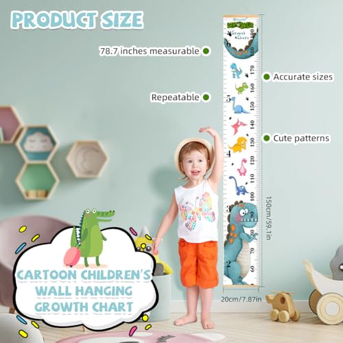 SNOWIE SOFT® Cartoon Growth Chart for Kids 60-180cm Wall Hanging Teenagers Canvas Waterproof for Kid's Room Blue Dinosaur 2PCS