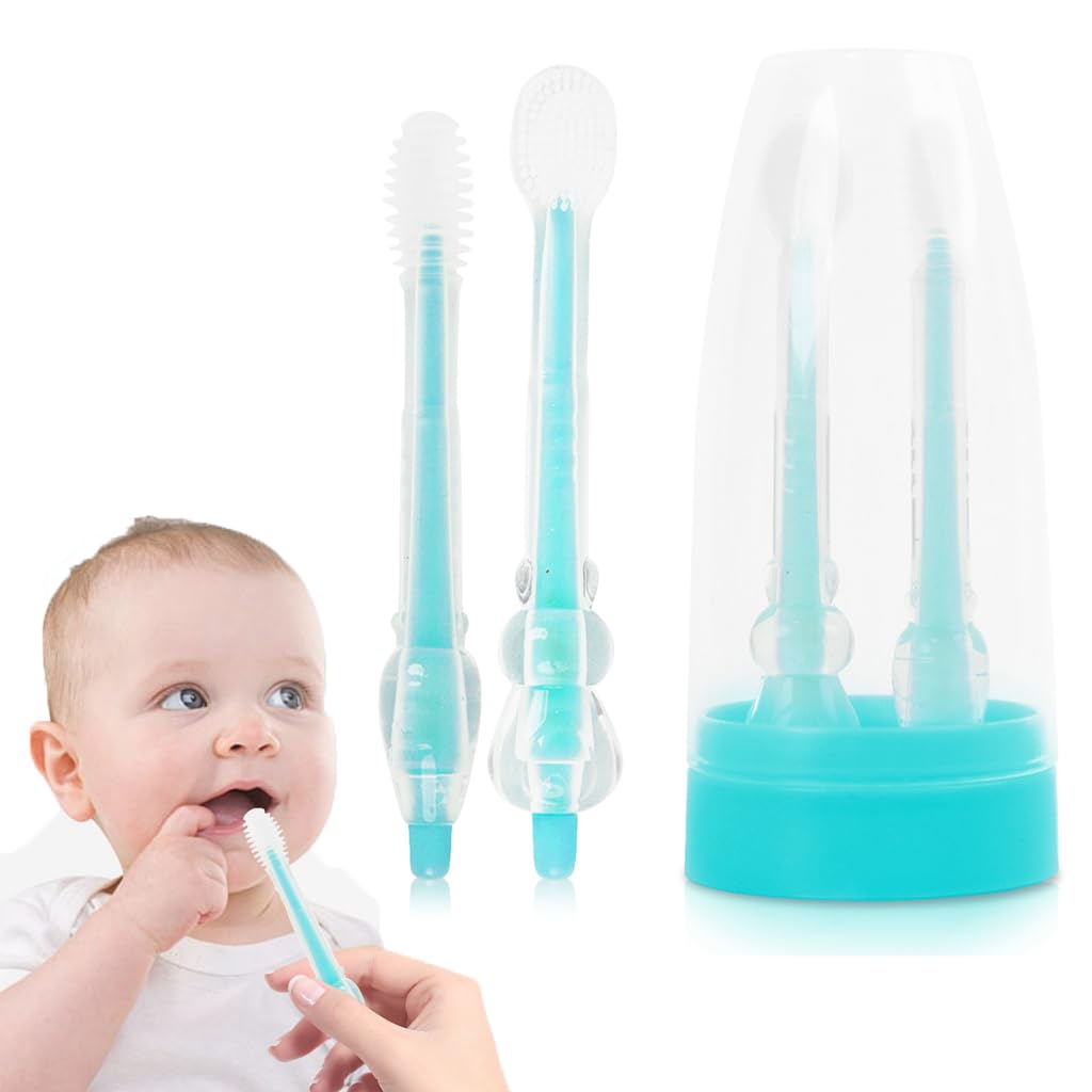 SNOWIE SOFT® Baby Oral Cleaning Brush 2Pcs Baby Toothbrush Tongue Brush BPA Free Soft Silicone Bristle Oral Care Toothbrush for Baby 6 Month to 24 Months, Blue