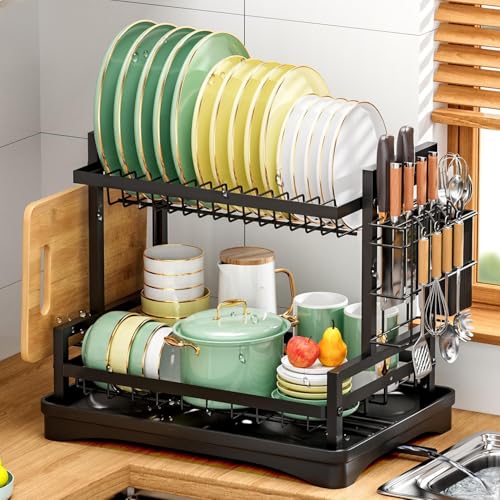 HASTHIP® Dish Drying Rack, Double Layer Dish Drain Rack, Plates Dishes Dry Rack with Removable Water Catch Tray