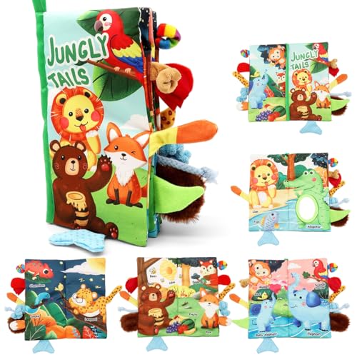 SNOWIE SOFT® Jungle Tails Cloth Book Toys for 6 Month Old Baby, Sensory Books for Babies 6-12 Month with 3D Touch Feel High Contrast, Built in Rustling Sound, Early Educational Waterproof Soft Toys