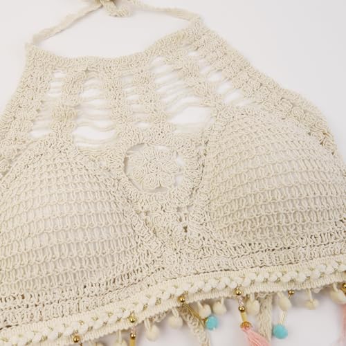 PALAY® Women's Summer Beach Backless Crochet Halter Bikini Crop Top Crochet Hollow Out Tassle Embroidery Knit Boho Beachwear 3 PCS