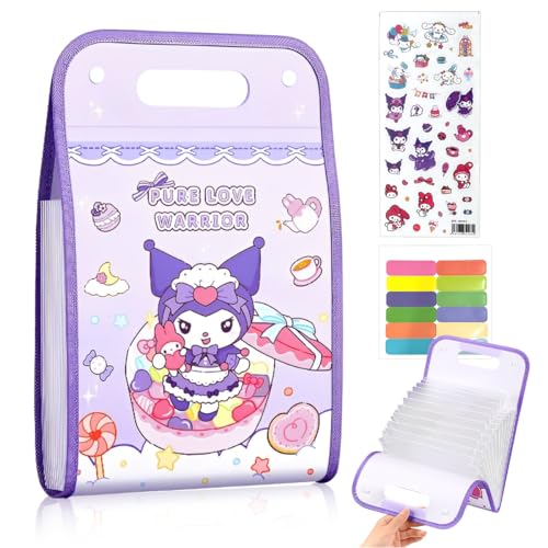 Climberty® Expandable File Folder with 13 Pockets Kuromi File Folder A4-sized Student Paper File Folder with Handle, Waterproof Document Sorter Organizer, with Colored Index Tabs & Cartoon Stickers