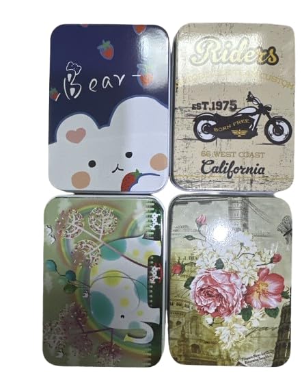 HASTHIP® 4Pcs Vintage Metal Tin Boxes Gifting Box, Retro Cartoon Print Lid, Multipurpose Portable Small Organizer Boxes for DIY Crafting Supplies, Hair Accessories, Gifting, 6.5x9x2.4cm