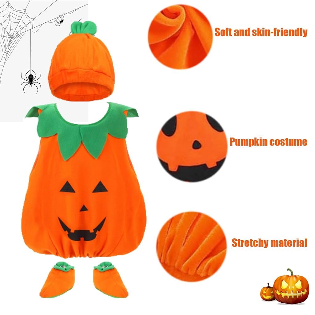 PATPAT® Toddler Pumpkin Halloween Cosume for Aged 4-5 Years Olds Boys and Girls Trick or Treat Halloween Cosume Cute Pumpkin Cosume with Hat and Shoes Halloween Party Cosume