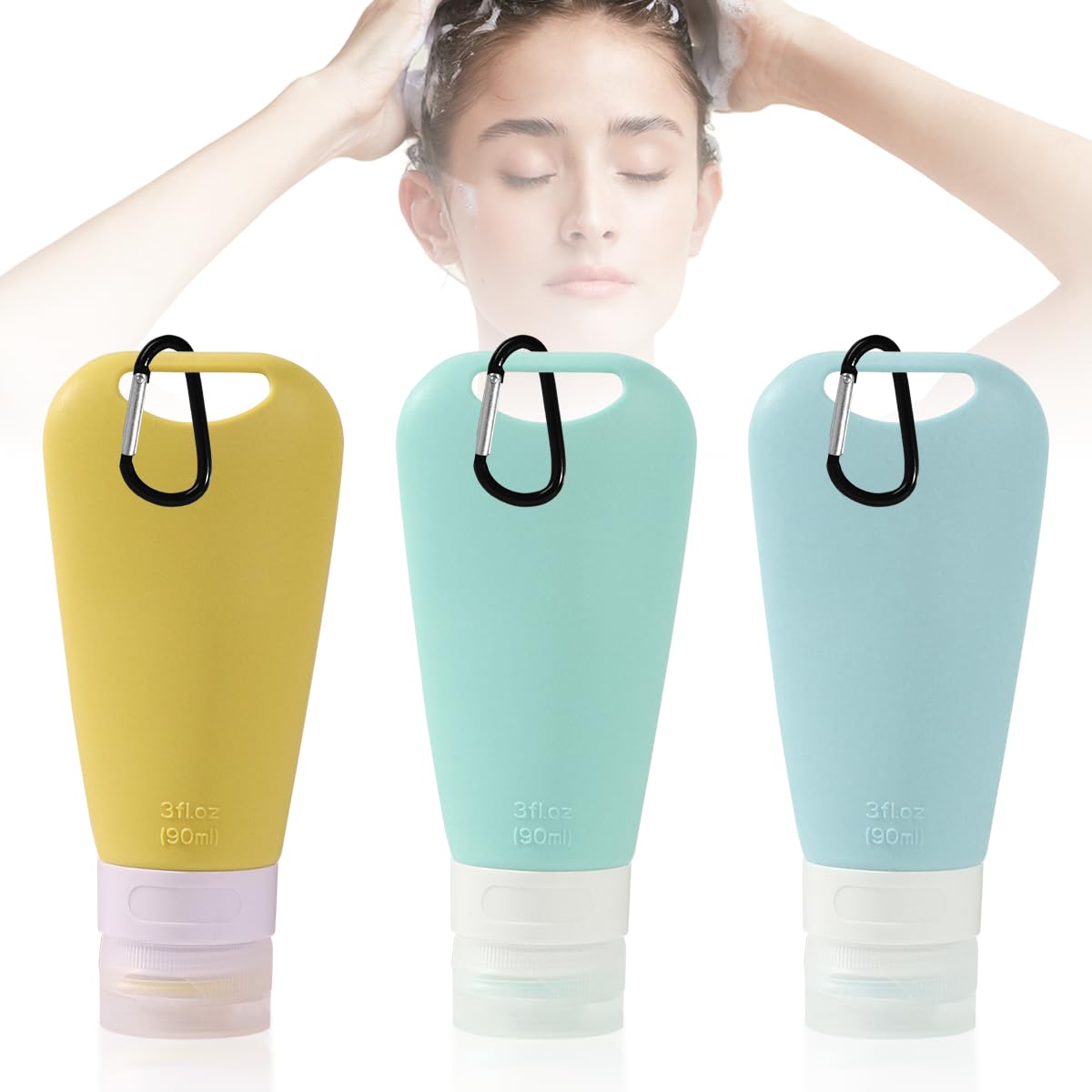 MAYCREATE Travel Bottles for Toiletries with Carabiners featuring 3 Pack 90ml Soft Silicone | Leakproof Refillable Containers