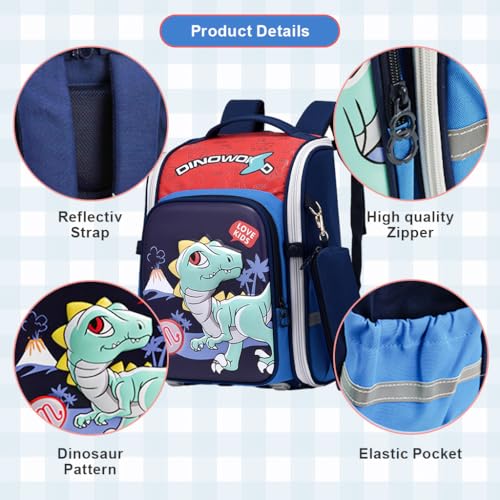 PALAY® Boys School Backpack Dinosaur Cartoon Backpack with Pencil Pouch Primary Bookbag Boys Backpack for School, Travel, Burden-relief Backpack School Gift
