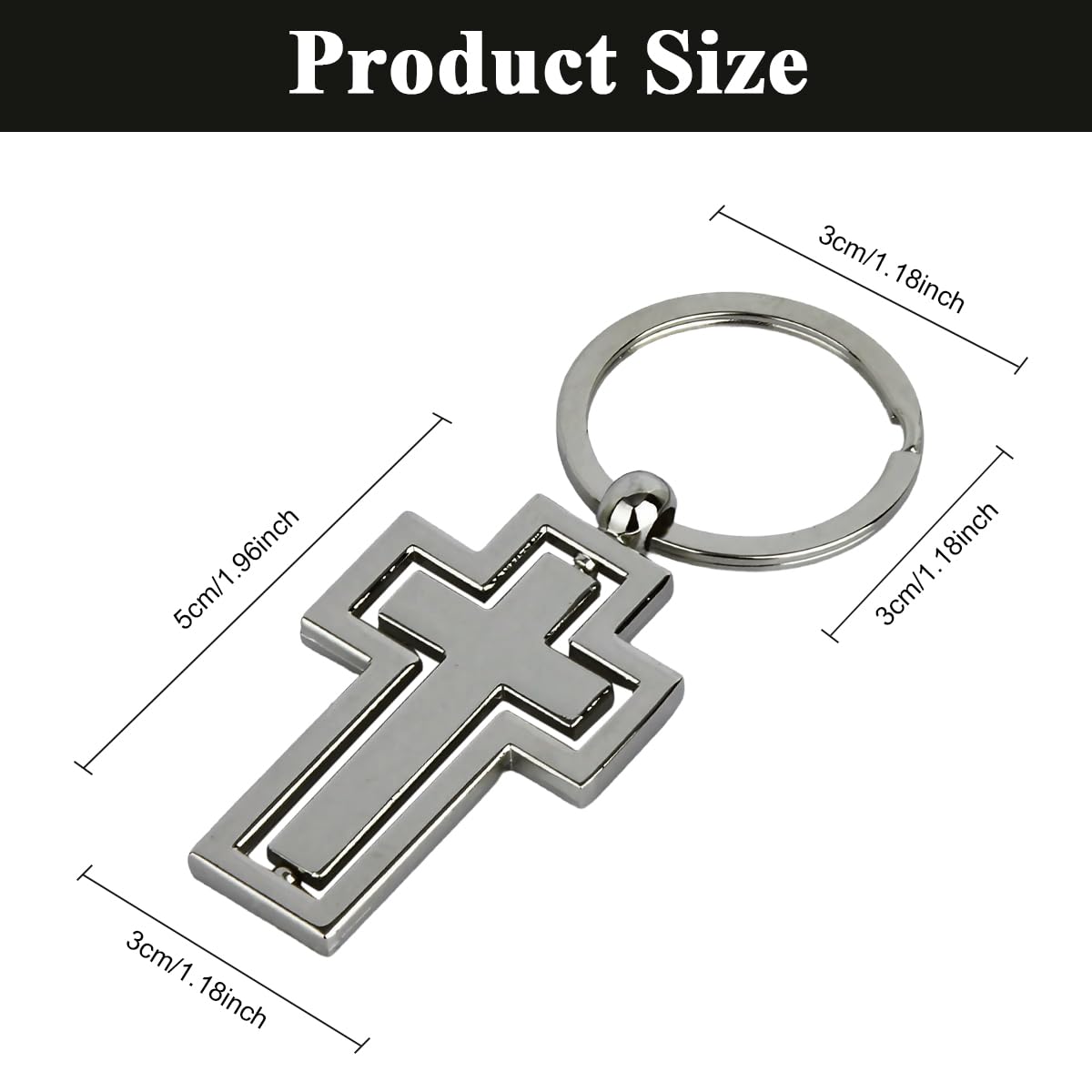 HASTHIP® Cross Keychain Creative Metal Cross Keyring Rotating Cross Keychain Key Ring for Room Keys Gift for Men Women, Silver, 4.57 x 2.83 x 0.28 inches