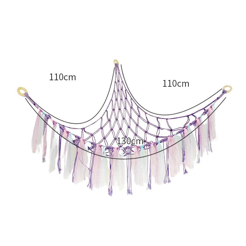 PATPAT® DIY Stuffed Animal Toy Hammock Girls Room Decoration Plush Toy Hanging Storage Net Dreamy Purple Tassle Ribbon Hanging Net Self Adhesive Hanging Decorative Net Wall Corner Triangle Hangings