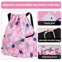 PALAY® Drawstring Backpack Kids Drawstring Bags Pink Cartoon Print Nylon Drawstring Backpack with Adjustable Shoulder Strap Girls Waterproof Nylon Travel Backpack Swimming Bag Activitiy Bag