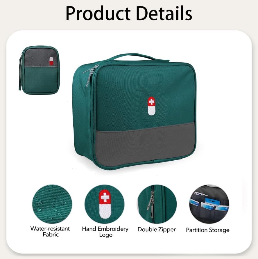 Zibuyu Medicine Organizer for Travel and Home with Dual Bag Set and Pill Compartments | Green