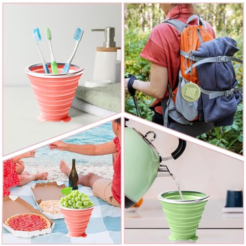 HASTHIP® 2 Pack Collapsible Cup for Travel Accessories Small Silicone Foldable Glass Cups with Lids Camping Outdoor Reusable Expandable Drinking Pink Green 3PCS