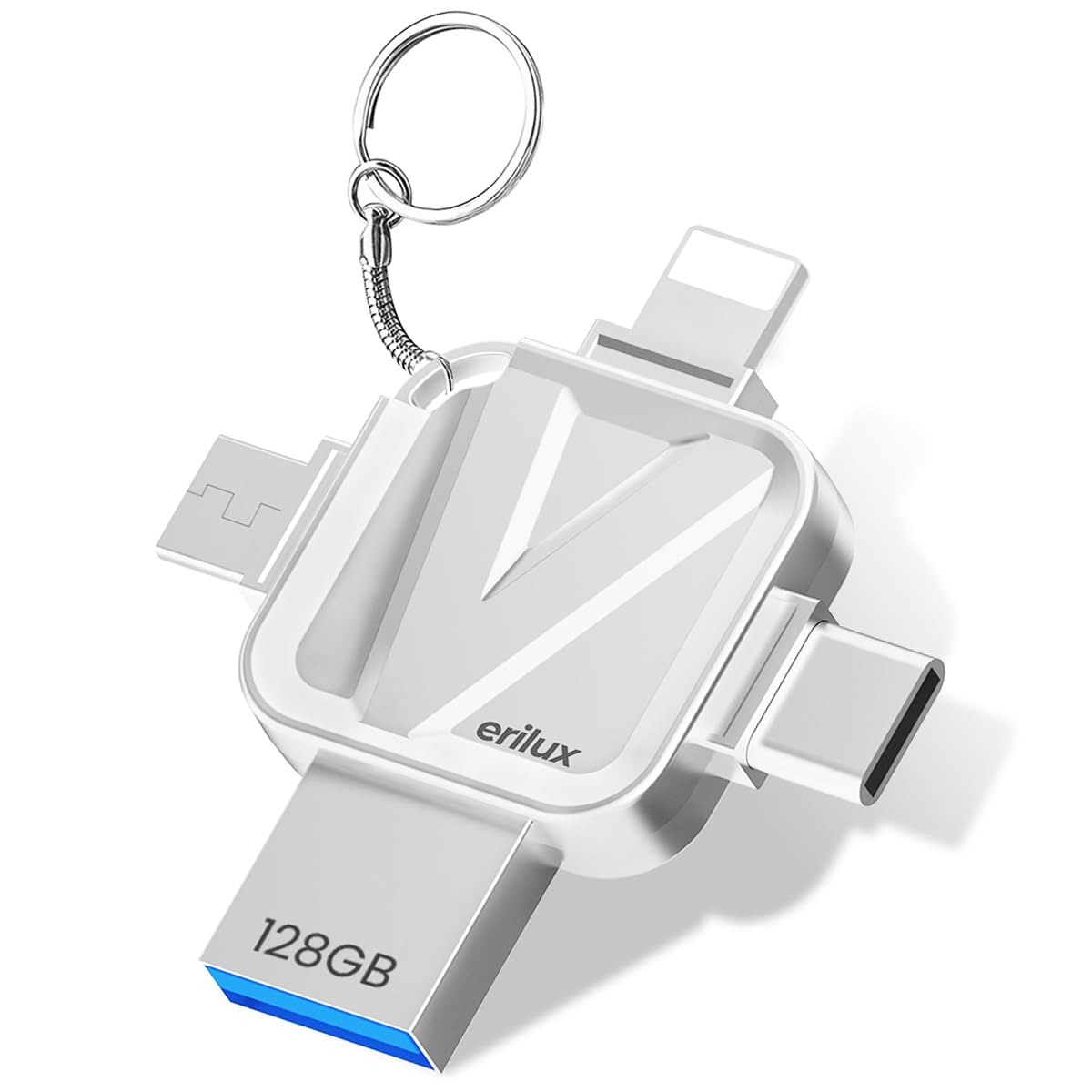 Verilux® Pendrive 128GB 4 in 1 Flash Drive with Light-ning, Micro USB, USB A, Type-C Interface - High Speed Mini Hangable Pen Drive for iOS & Android, 128GB Storage Capacity - Premium Metal Texture