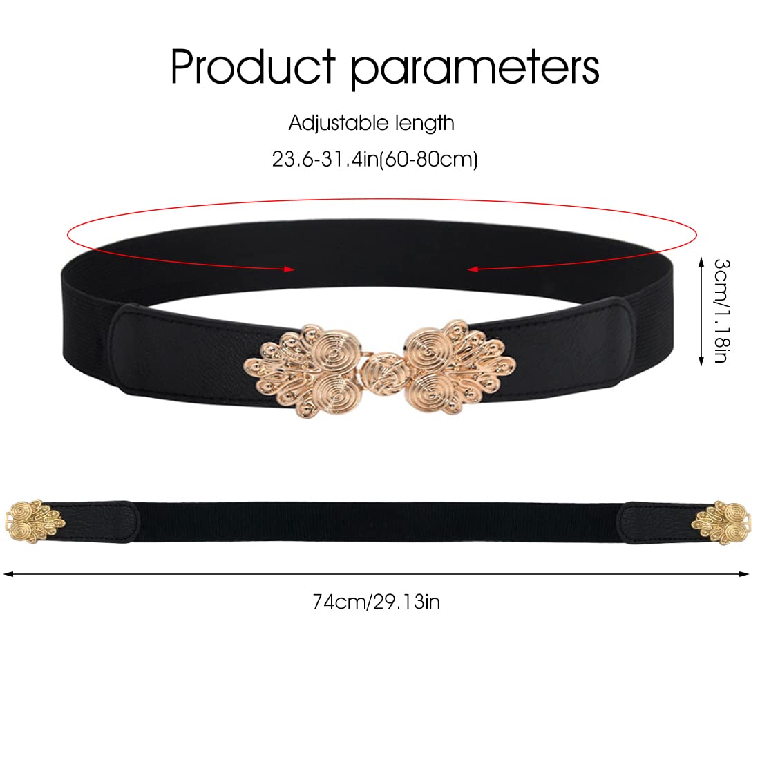 Zibuyu Waist Belts for Women featuring Golden Leaf Buckle and 23.6–31.4 in Stretch Fit | Black