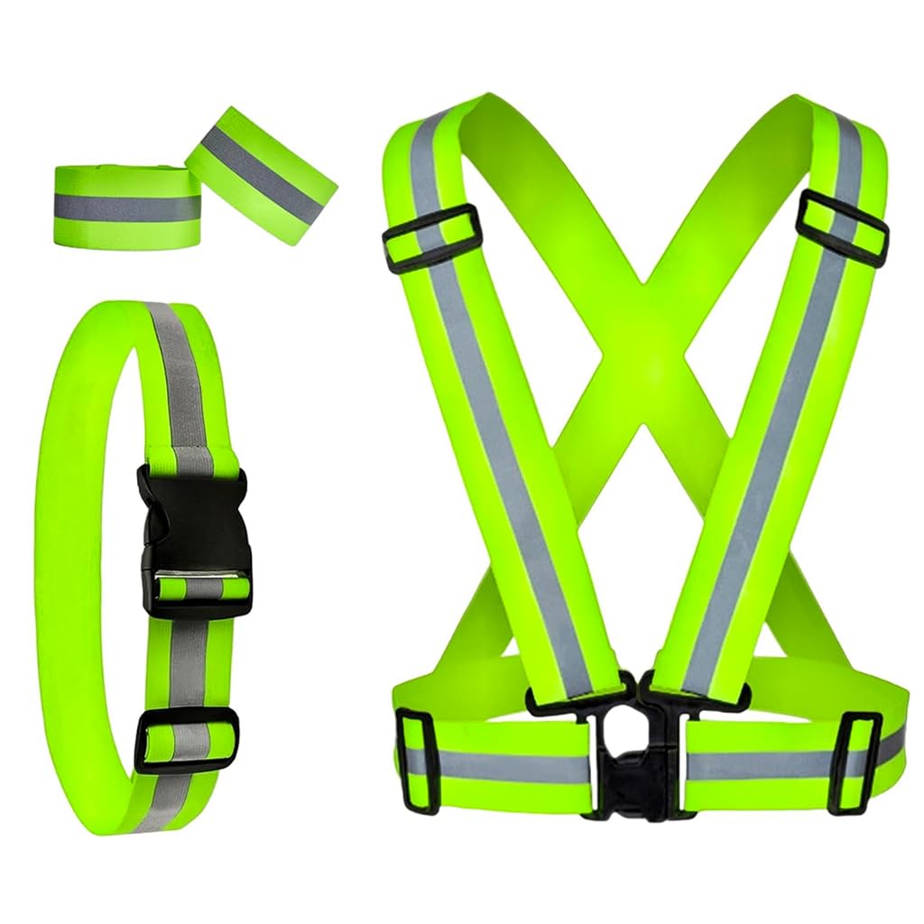 Serplex® Safety Vest Reflective Vest Arm Band Set Night Running Green Reflective Vest with Reflective Waist Belt & 2 Arm Band for Cycling, Running, Working, Adjustable Safety Vest for Men Women