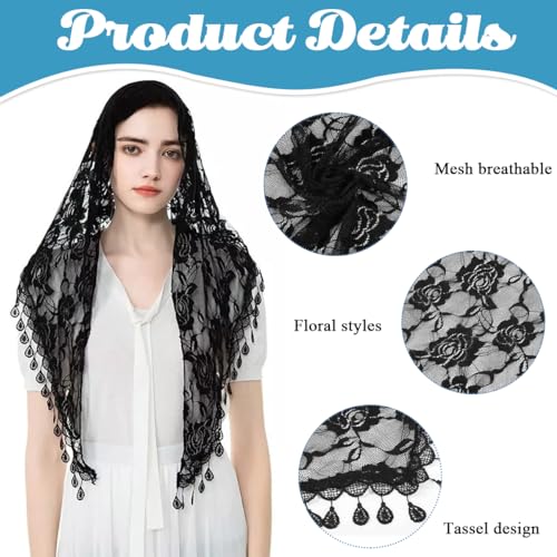 PALAY® Triangle Lace Mantilla Veil Head Scarf Church Mass for Women Embroidery Rose Tassel Ladies Cathedral Covering Wedding Bridesmaids Black 3PCS