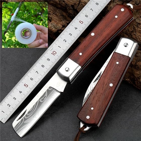 HASTHIP® Grafting Cutter Tool with 1 Roll Grafting Tape Curved Steel Folding Cutter Tool Anti-Slip Wooden Handle Design Portable Cleft for Fruit Tree,Flower