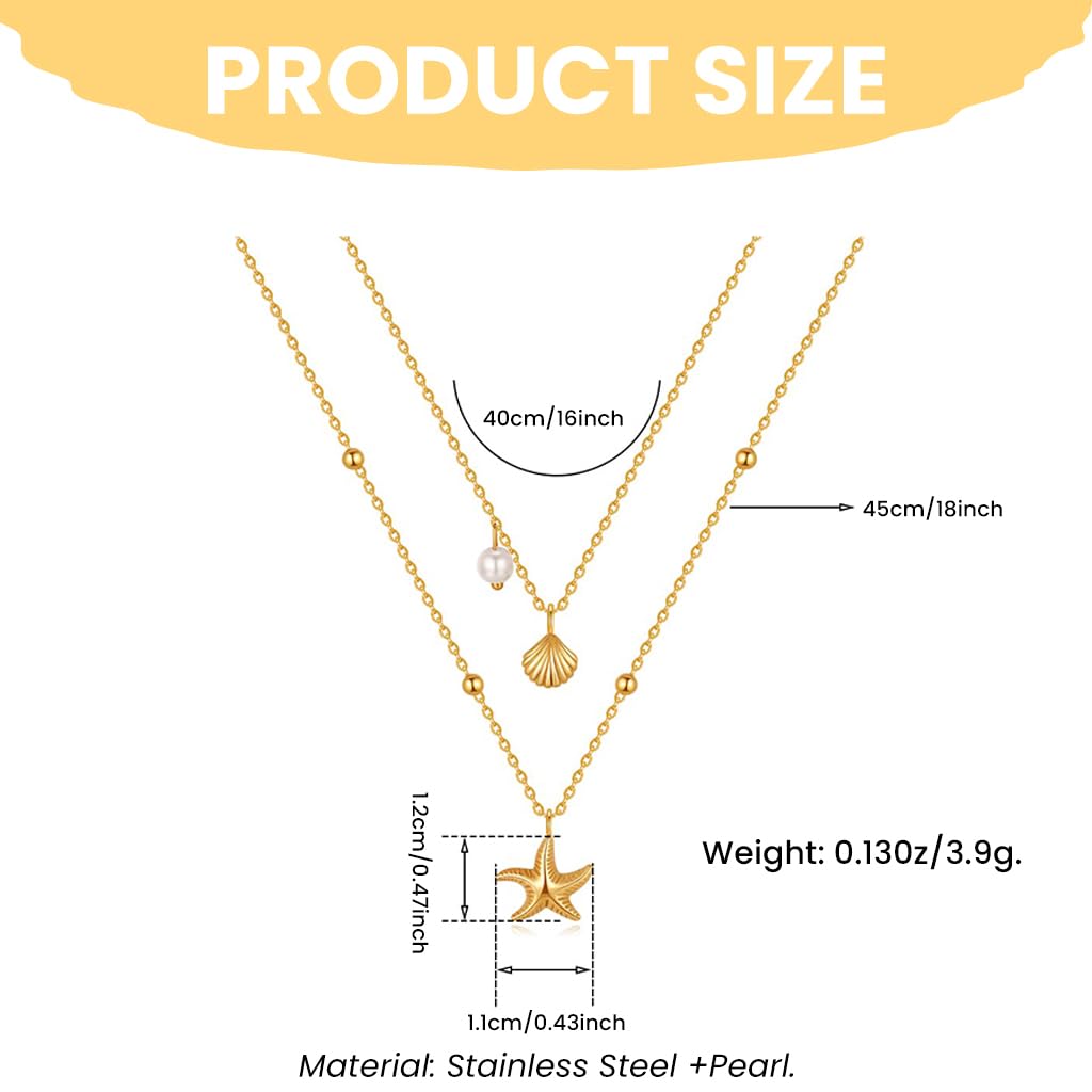 SANNIDHI Necklace for Women featuring Dual Layer Chains with Starfish and Seashell Pendants | Golden Titanium Steel Beach Jewelry