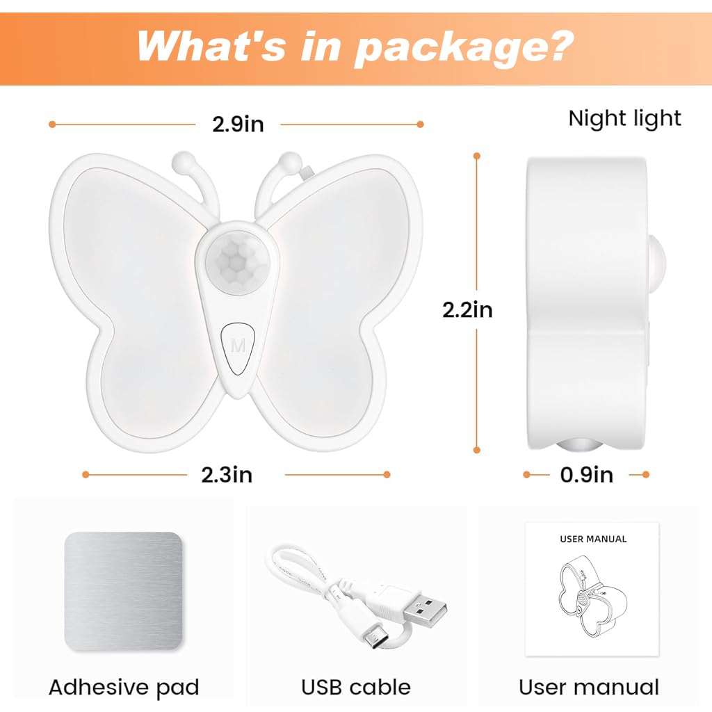 ELEPHANTBOAT Butterfly LED Night Light for Bedroom with Smart Motion Sensor & 1200mAh Battery | USB-C Rechargeable Dual Color Lighting