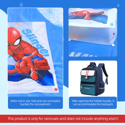 PALAY® Rain Coat for Kids Spider Man Poncho Raincoat for Kids 6-9 Years Boys Girls with Pockets Wide Brim Hooded Poncho Safe School Bag Rain Cover Spider Print Recommended Height 130-140CM(XL Size)