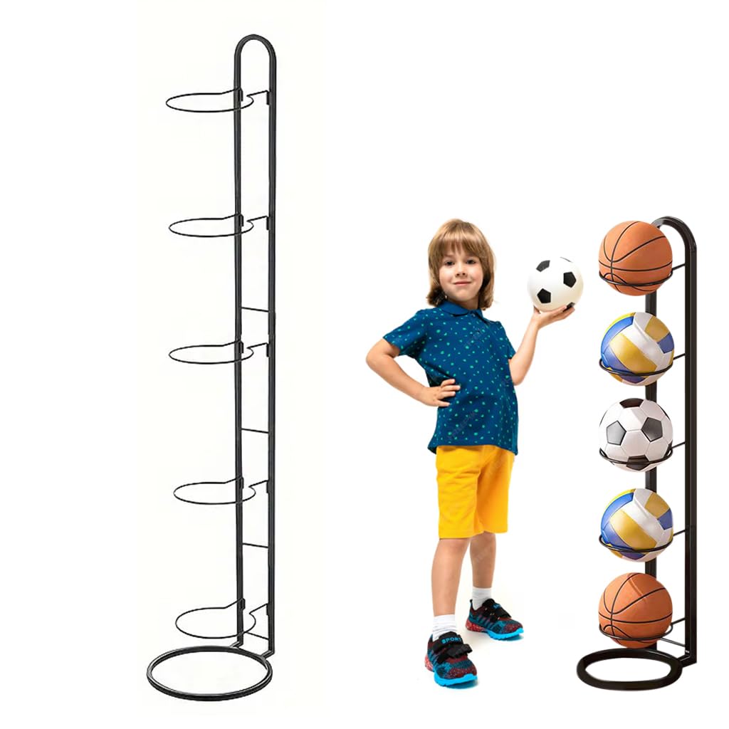 Proberos Basketball Storage Rack for Sports Equipment with 5 Ring Holders and 45.4 in Metal Frame | Easy Assembly Organizer for Gym and Garage
