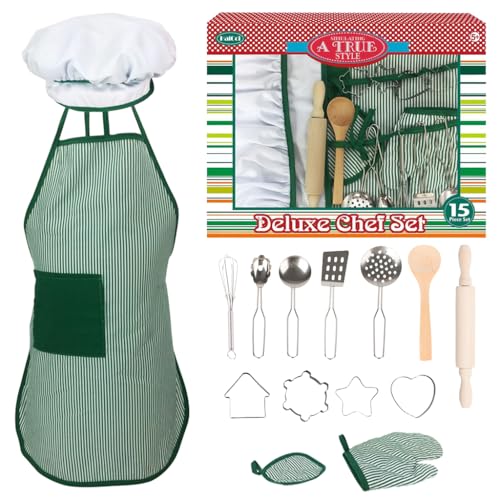 HASTHIP® 15Pcs Baking Set for Kids with Cake Mold Set, Cooking Spoon Set for Kitchen, Chef Cap for Kids, Waterproof Kitchen Art Apron for Kids, Oven Gloves, Pad, Rolling Pins, Egg Whisk, Wooden Spoon