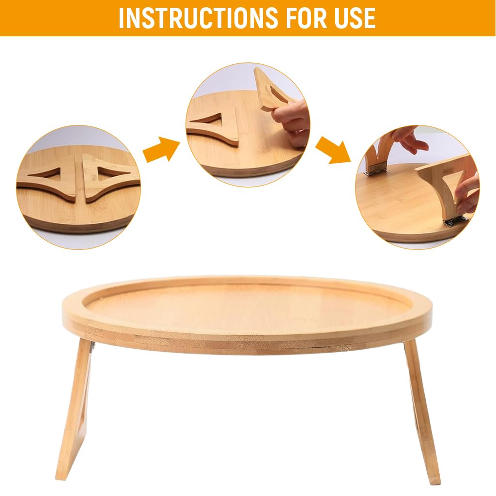 HASTHIP Sofa Armrest Wooden Tray for Snacks and Work with 25cm Dia Foldable Stand | Natural Bamboo Table