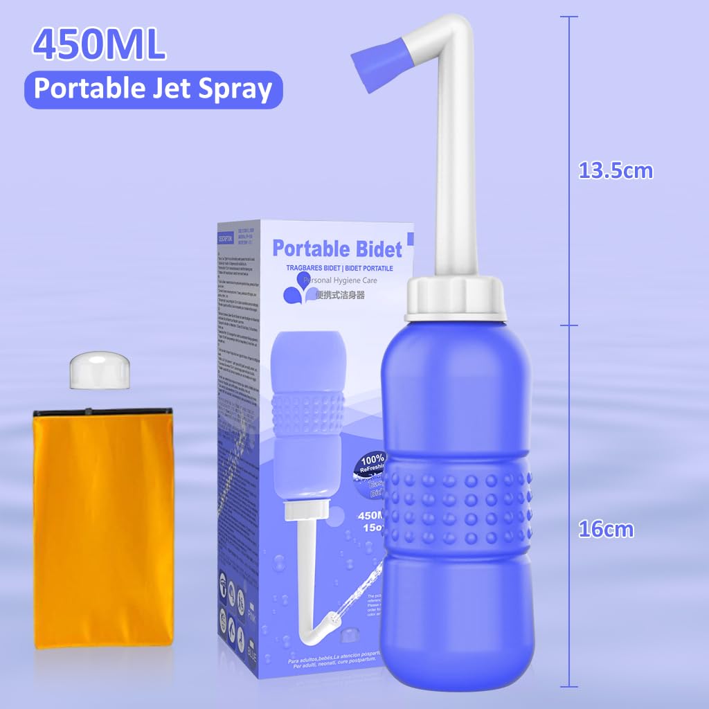 HANNEA Portable Bidet Spray for Toilet with 450ml Soft EVA Bottle featuring Angled Nozzle | Travel and Postpartum Hygiene