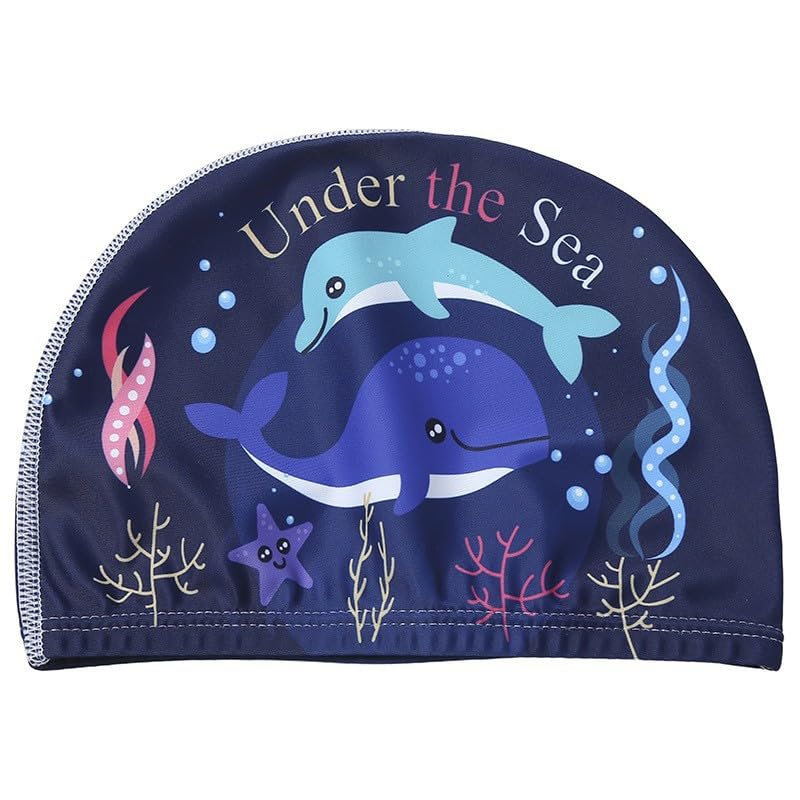 Proberos® Kids Swim Cap for Boys & Girls Age 2-12, Swimming Cap for Children, Cartoon Dolphin Design, Waterproof Comfortable Elastic Swimming Cap Pool Hat, Dark Blue