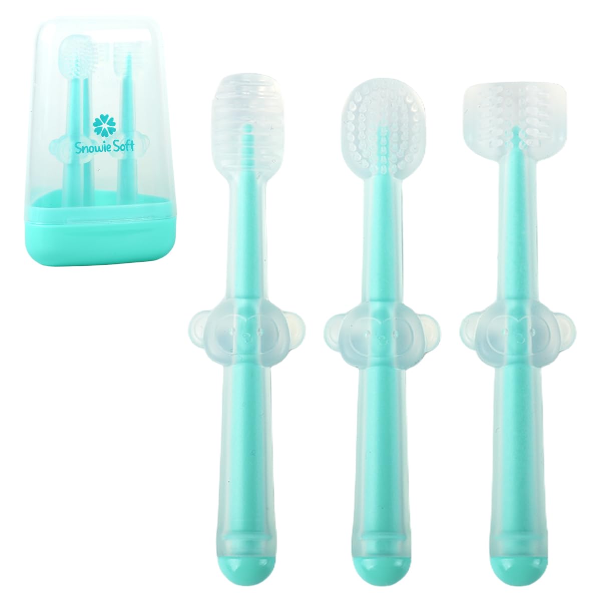 SNOWIE SOFT Silicone Baby Toothbrush Set for 0–18 Months with 3 Brushes and Travel Case