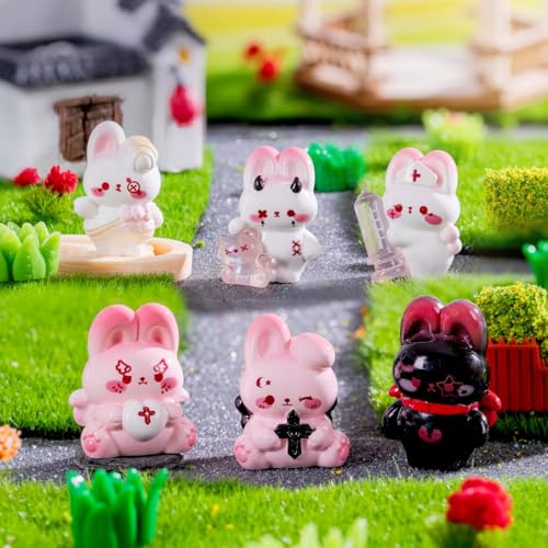 HASTHIP® 6Pack Cute Rabbit Figures, Mini Bunny Characters Fairy Garden Desk for Kids Birthday Baby Shower Cake Decorations Party Favors-Multicolor