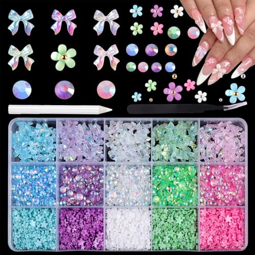 MAYCREATE 3200PCS Bow Nail Art Charms, Colorful Bowknot Nail Gems Nail Art Rhinestone Cute 3D Acrylic Flower Metal Caviar Beads Nail Decoration with Pickup Tools for Manicure DIY Crafts