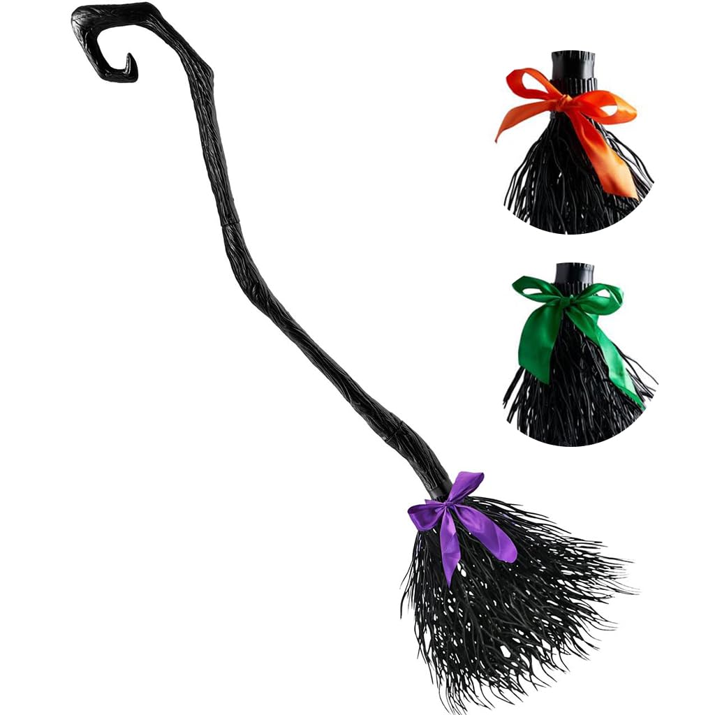 PATPAT Halloween Witch Broom with Purple Ribbons Decor 55'' Witch Broom Halloween Home Decro Props Kids Cosplay Prop Magic Witch Broom Prop for Halloween Party, Cosplay, Birthday Party