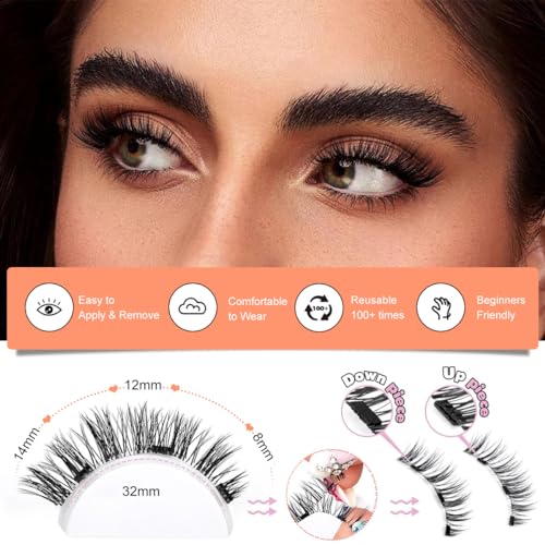 MAYCREATE® 1Pair Magnetic Eyelashes Natural Look Reusable Cat Eye Lashes with Applicator Kit without Eyeliner Wispy Clear Band False No Glue Needed 3 PCS