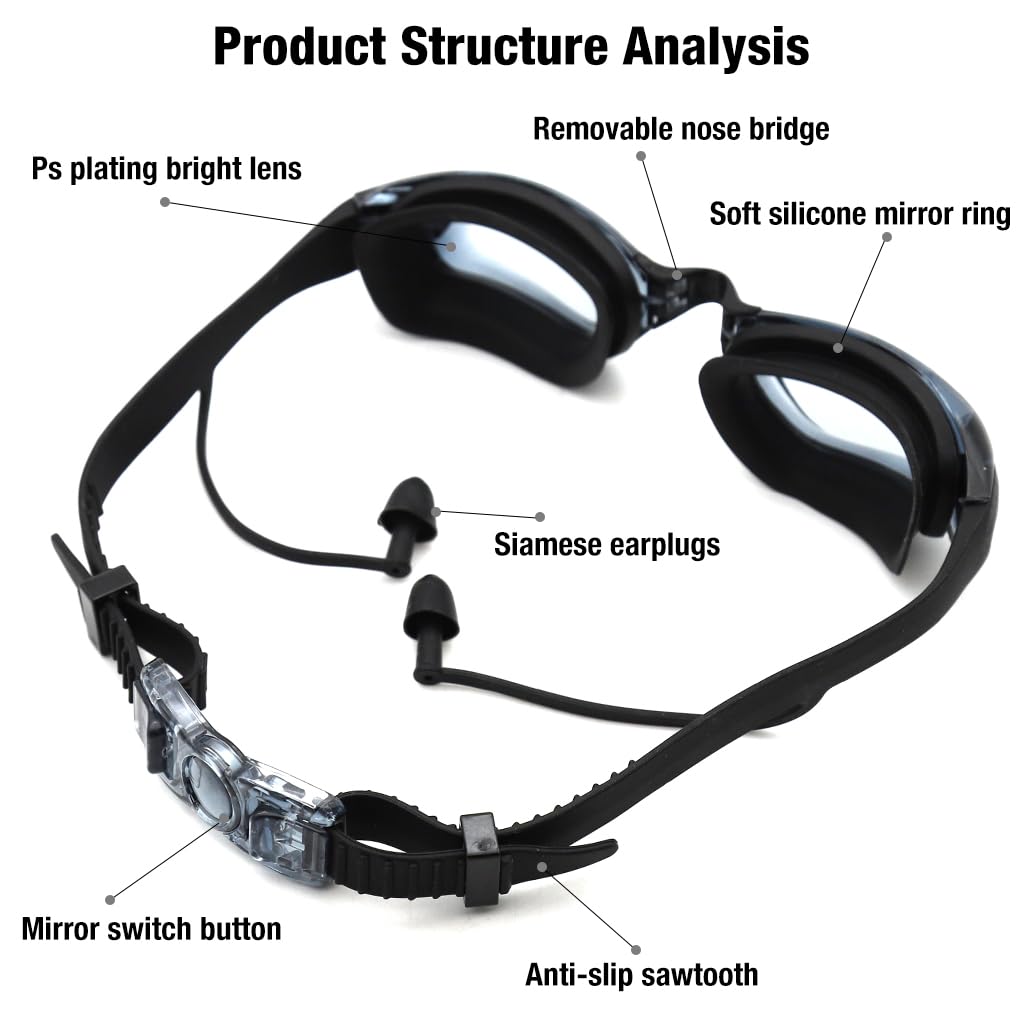 Optifit Adult Swim Goggles for Men and Women with Ear Plugs featuring Anti Fog Lens | Black
