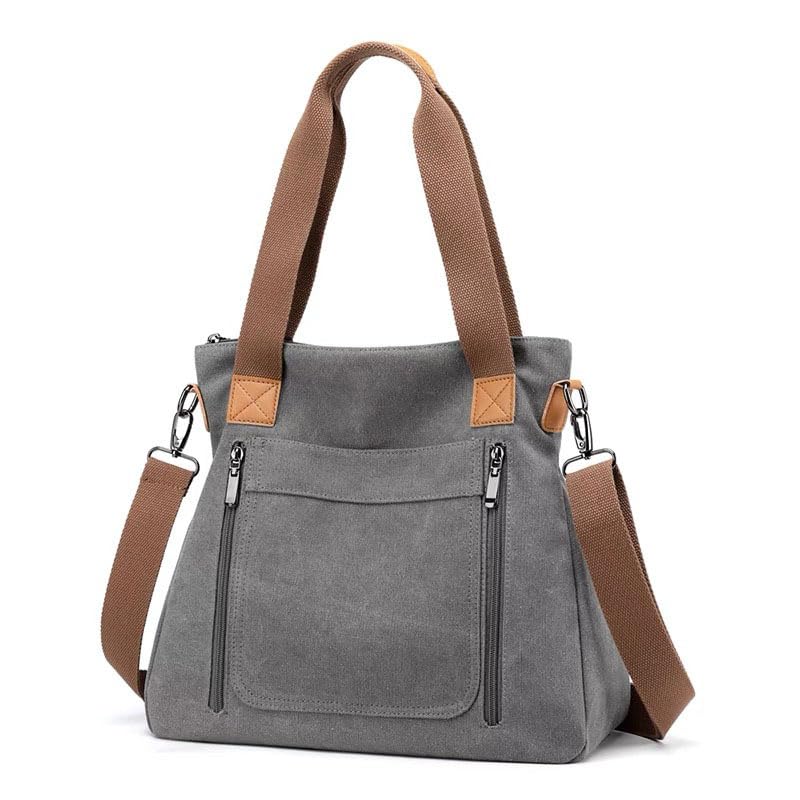 PALAY Handbag for Women Grey Canvas Shoulder Bag Tote Sling Bag Hand Bag Large Crossbody Bag with Detachable Shoulder Strap Korean Women Bag for School, Work
