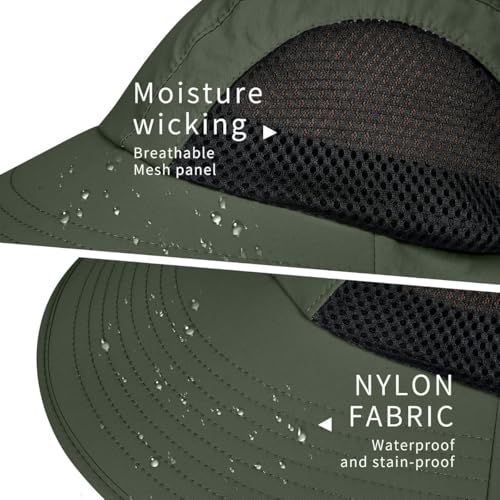 GUSTAVE® Unisex Wide Brim Bucket Sun Hat with Neck Flap & Adjustable Chin Strap, UV Protection, Water Repellent, Breathable Quick Dry Mesh, Foldable Packable Outdoor Cap for Hiking, Fishing Green