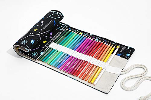 PATPAT  48 Holes Canvas Pencil Wrap Case for Adults and Kids, Colored Pencil Roll Up Canvas Pouch Package for Sketching Drawing Writing Storage-constellation (Night Sky(48 holes))