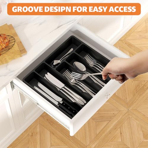 Supvox® Silverware Organizer with Lid 6-Compartment Design Dust Proof Utensil Storage Tray for Drawer and Countertop Drawer Organizer Universal Cutlery for Spoons,Forks,Table Cutters