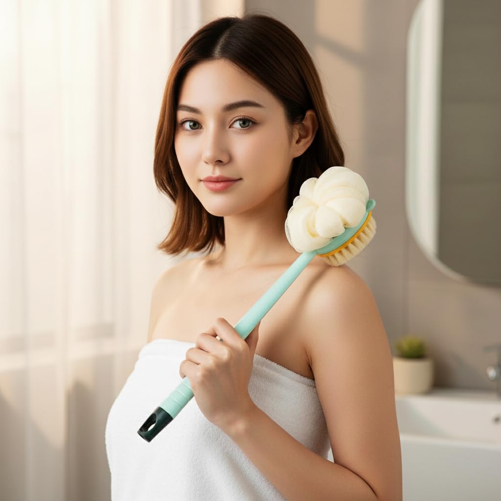 MAYCREATE Bath Back Scrub Brush with Dual Sided Puff and Textured Exfoliating Surface | Ergonomic Long Handle for Women and Men
