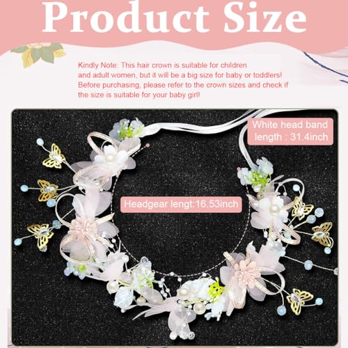 SANNIDHI® Flower Crown for Girls Princess Tiara for Girls Kids Wedding Bridal Floral Hair Band for Women Handmade Pearl Crown Headpiece Dress Up Hairband for Birthday Party First Communion Gift