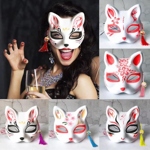 PATPAT® 10PCS Cat Mask Blank DIY Halloween White Graffiti Masquerade Face Mask with Acrylic Paints Brush Pens Tassle Charms Sakura Bell Charms