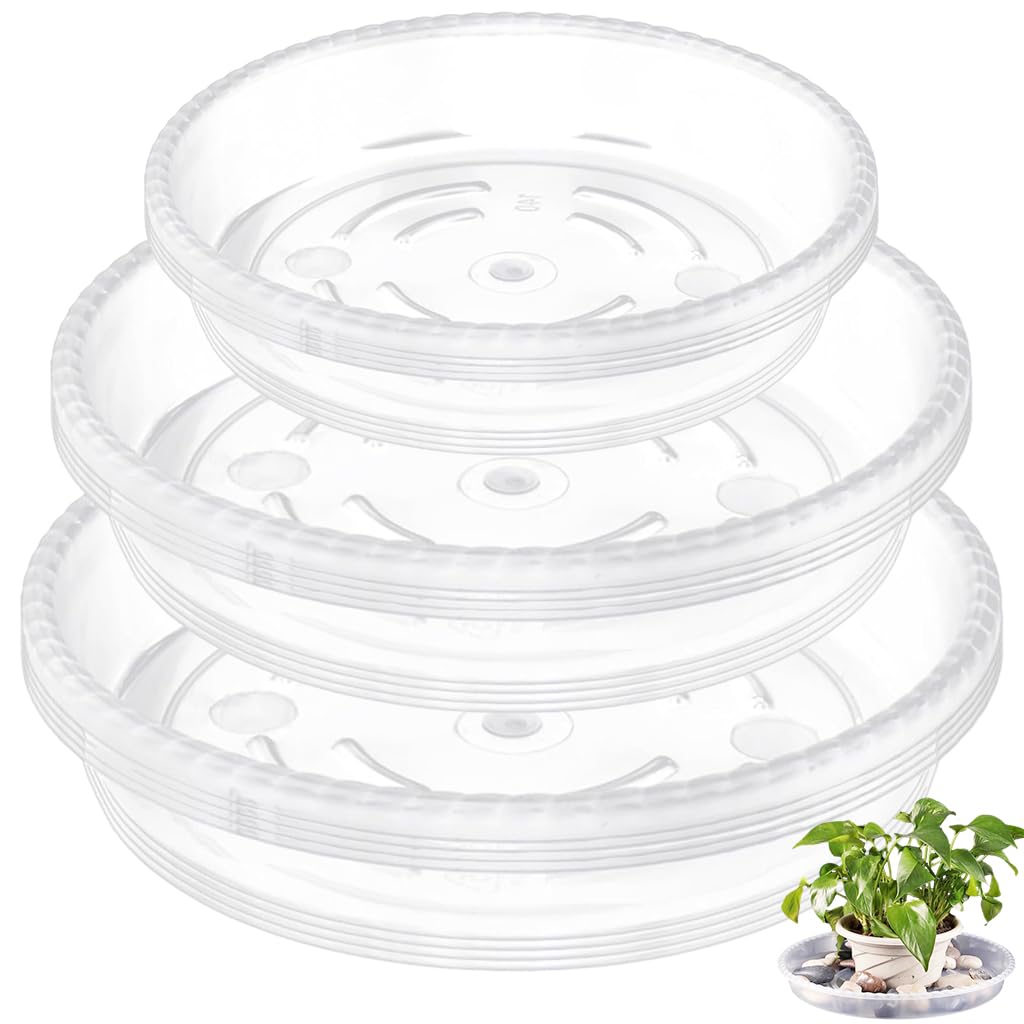 HASTHIP® 12pcs Plant Plates for Pots with Grooves, 4 Sizes Pots Drainage Tray for Plants, Reusable Round Plastic Plates for Plant Pots (6.7''/8.9''/9.8'')