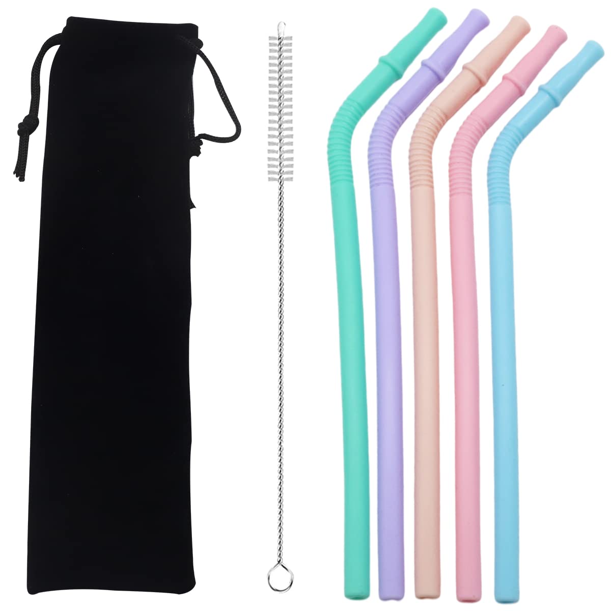 HASTHIP® 5Pcs Silicone Straws, Reusable Silicon Straws, Colorful Flexible BPA Free Foodgrade Silicon 8.4Inch Portable Straws for 20 oz 30 oz Water Glasses with Cloth Bag and Cleaning Brush